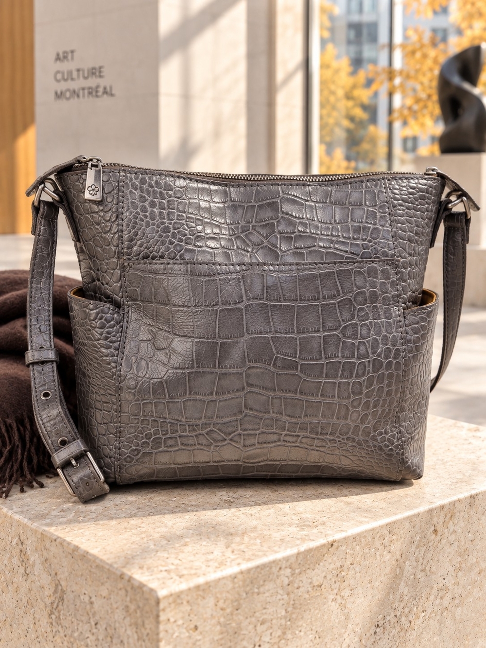 Patricia Nash Aveley Smoke Gray Croc Embossed Leather Crossbody Bag